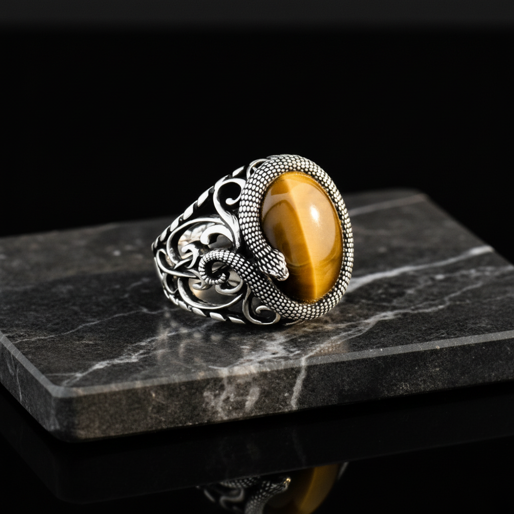 Snake ring - 925 sterling silver with tiger eye