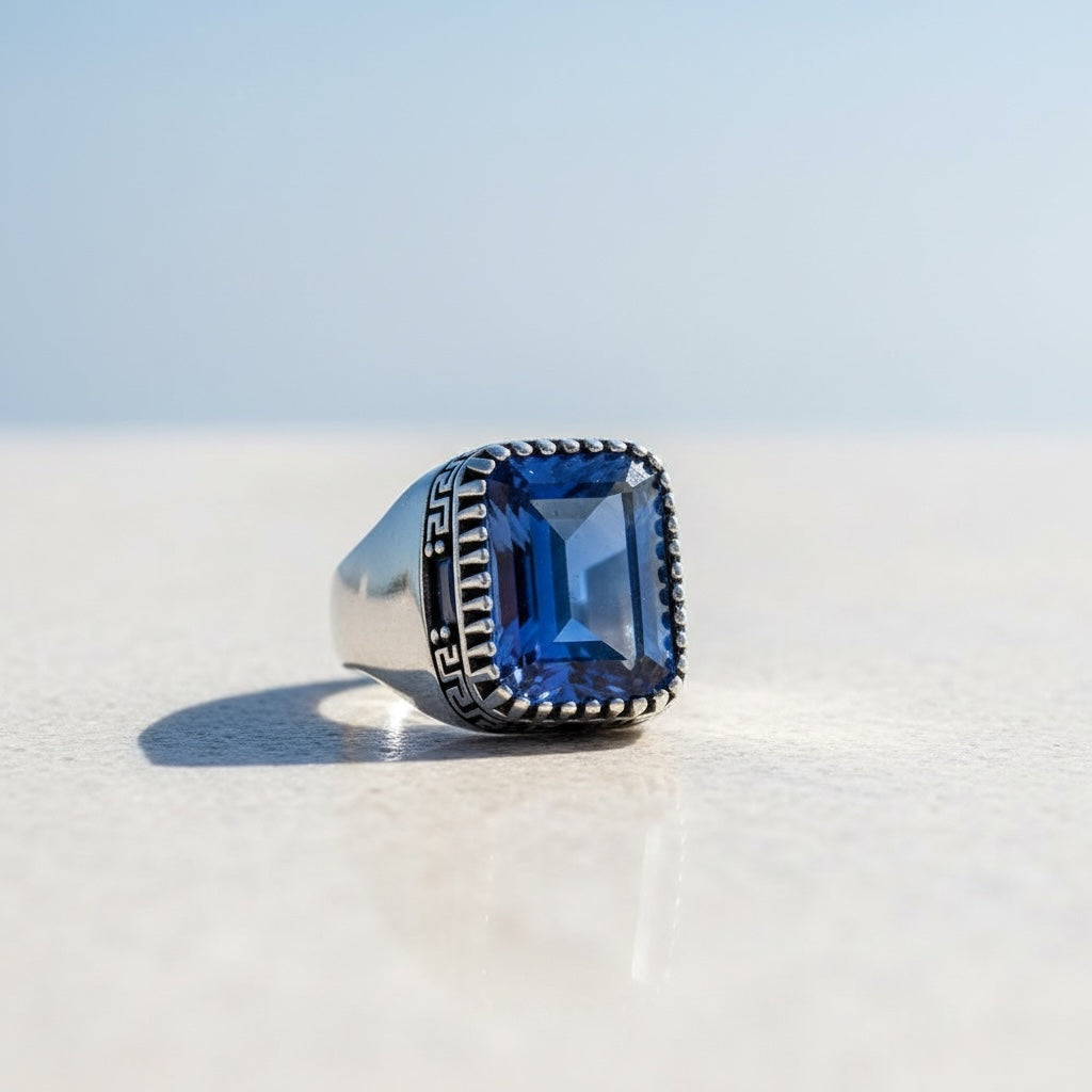 Silver men's ring with blue stone