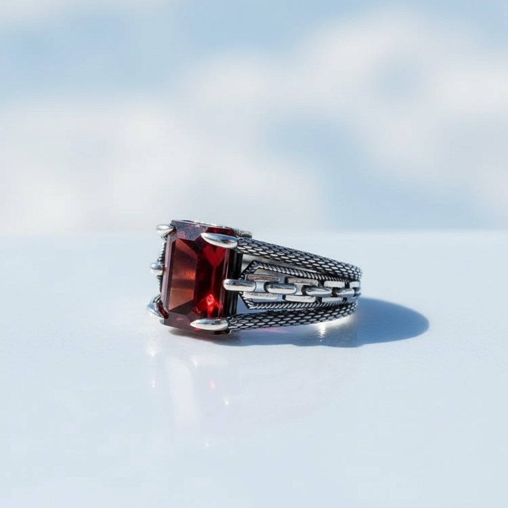 925 Silver Men's Ring With Red Stone