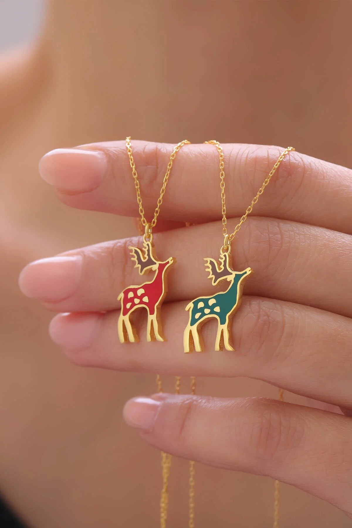 “RudyRein” 925 Sterling Silver Christmas Reindeer Necklace – Red or Green