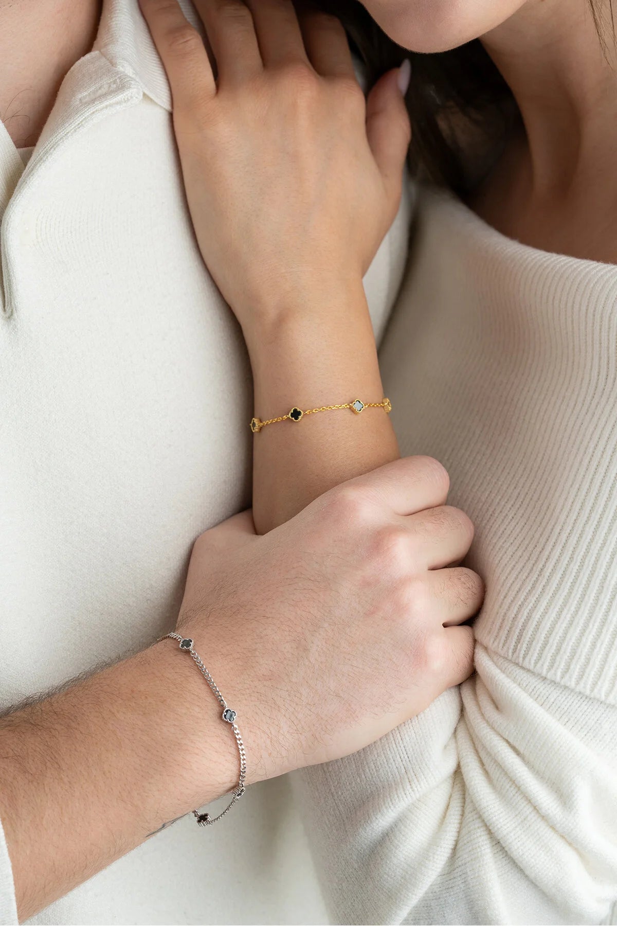 925 Sterling Silver Four Leaf Clover Bracelet Set for Couples