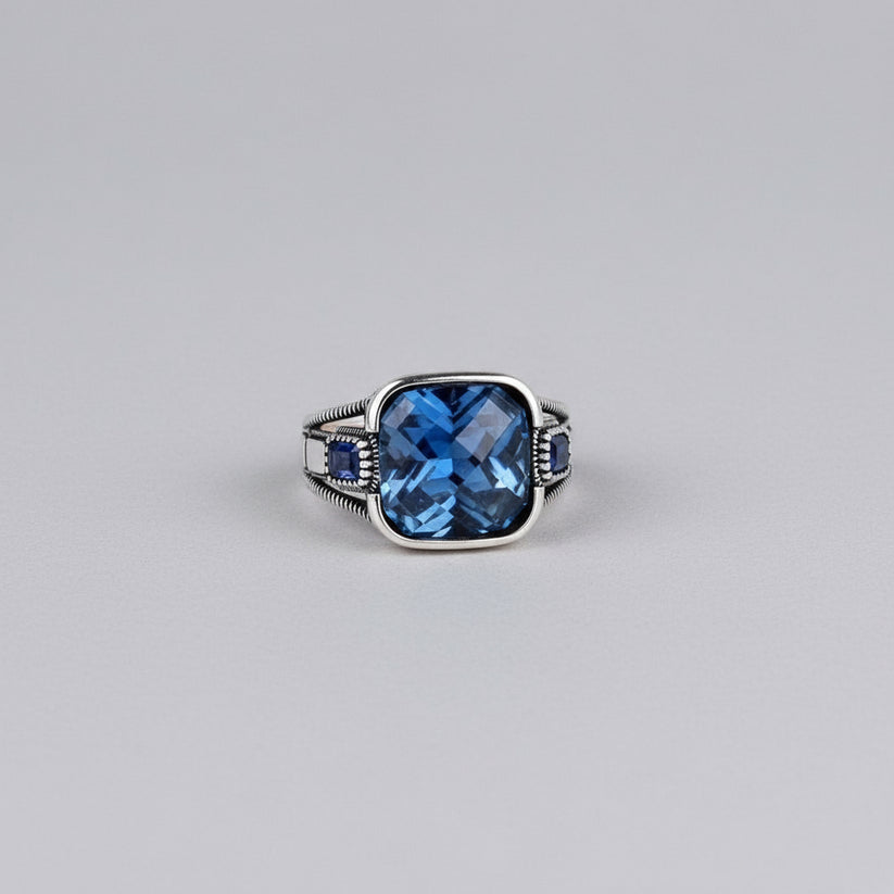 925 Silver Men's Ring with Blue Stone