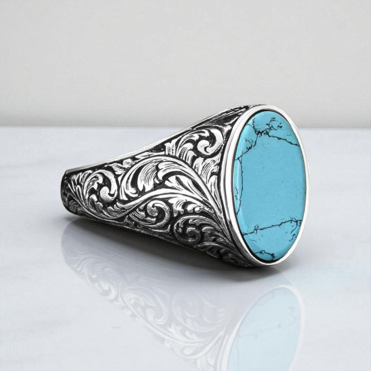 Silver Men's Ring with Oval Turquoise Stone – Handmade Design