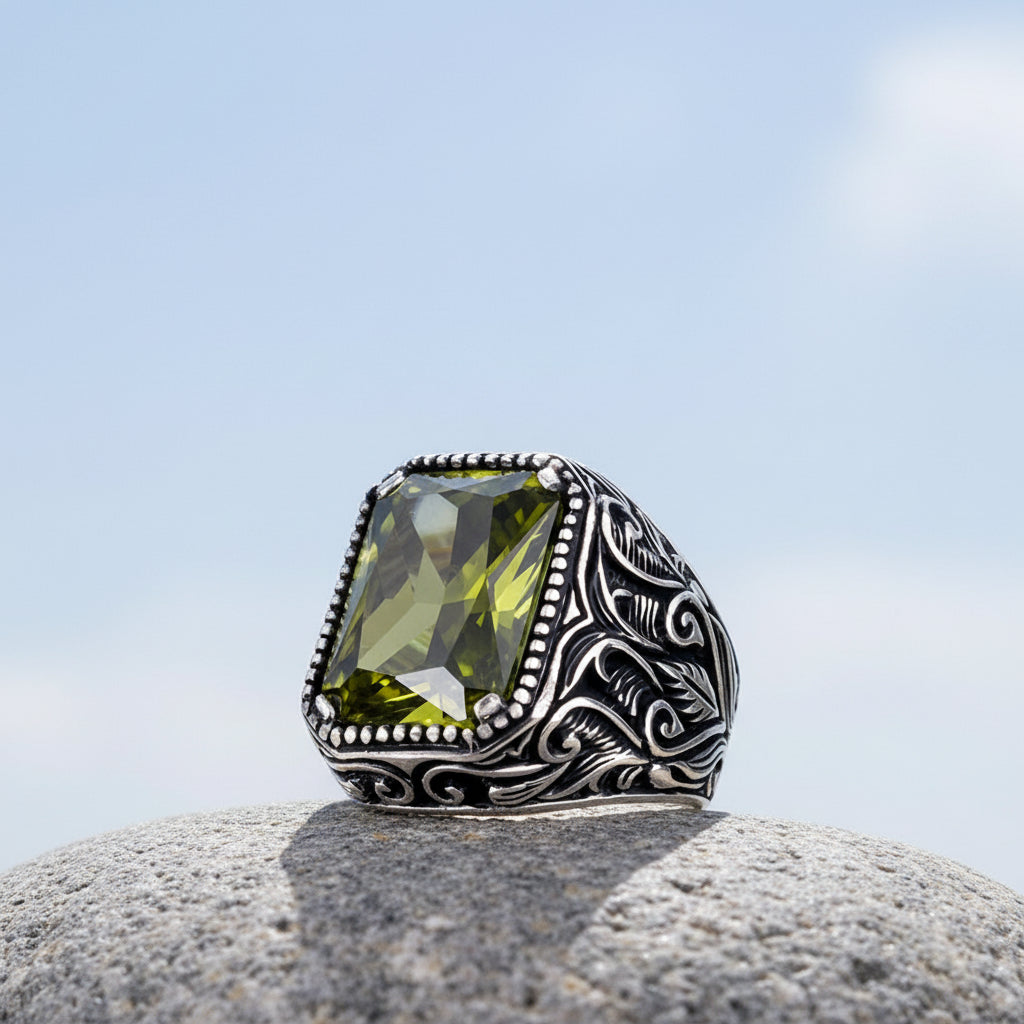 925 Sterling Silver Men's Ring with Khaki Zircon Stone