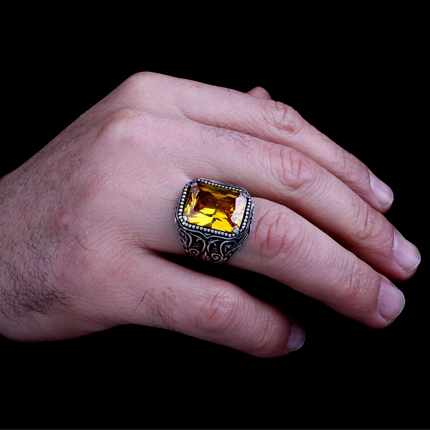925 Sterling Silver Men's Ring with Yellow Zircon Stone