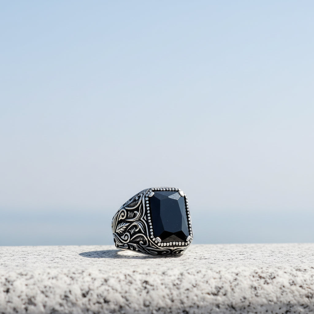 925 Sterling Silver Men's Ring with Black Zircon Stone