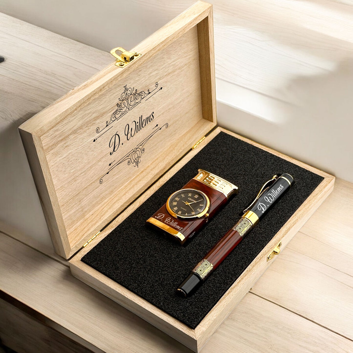 Personally Engraved Lighter with Watch and Rollerball Pen Gift Set - In Wooden Box