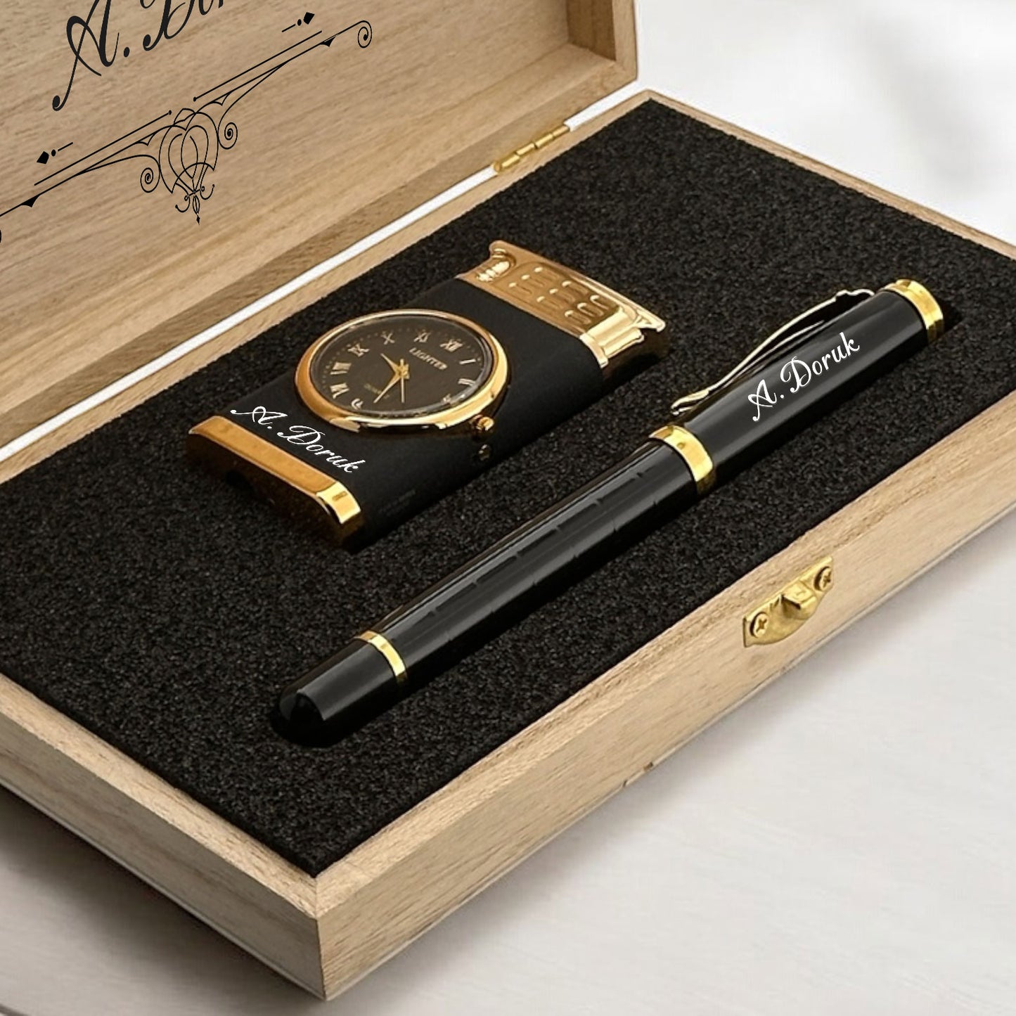 Personally Engraved Lighter with Watch and Rollerball Pen Gift Set - In Wooden Box