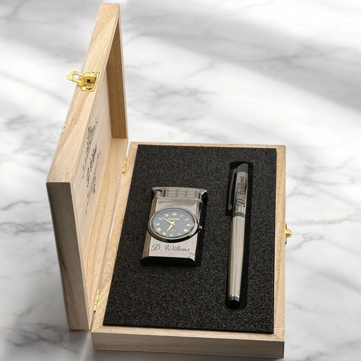 Personally Engraved Lighter with Watch and Ballpoint Pen Gift Set - In Wooden Box D2