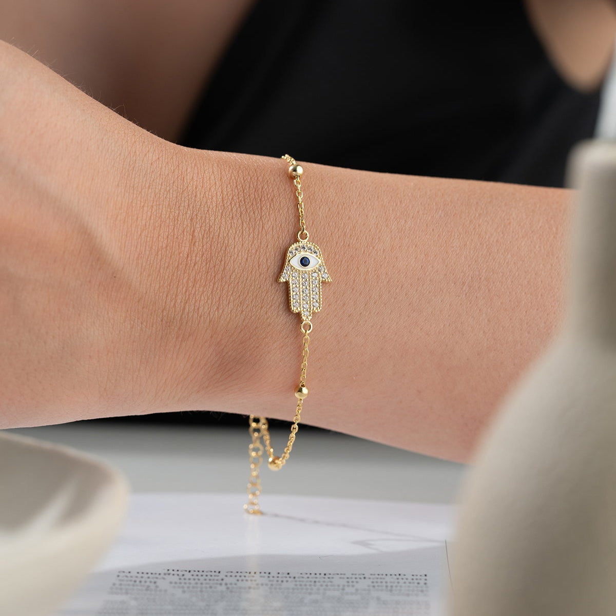 Gold Plated Bracelet with Hamsa Hand & Eye