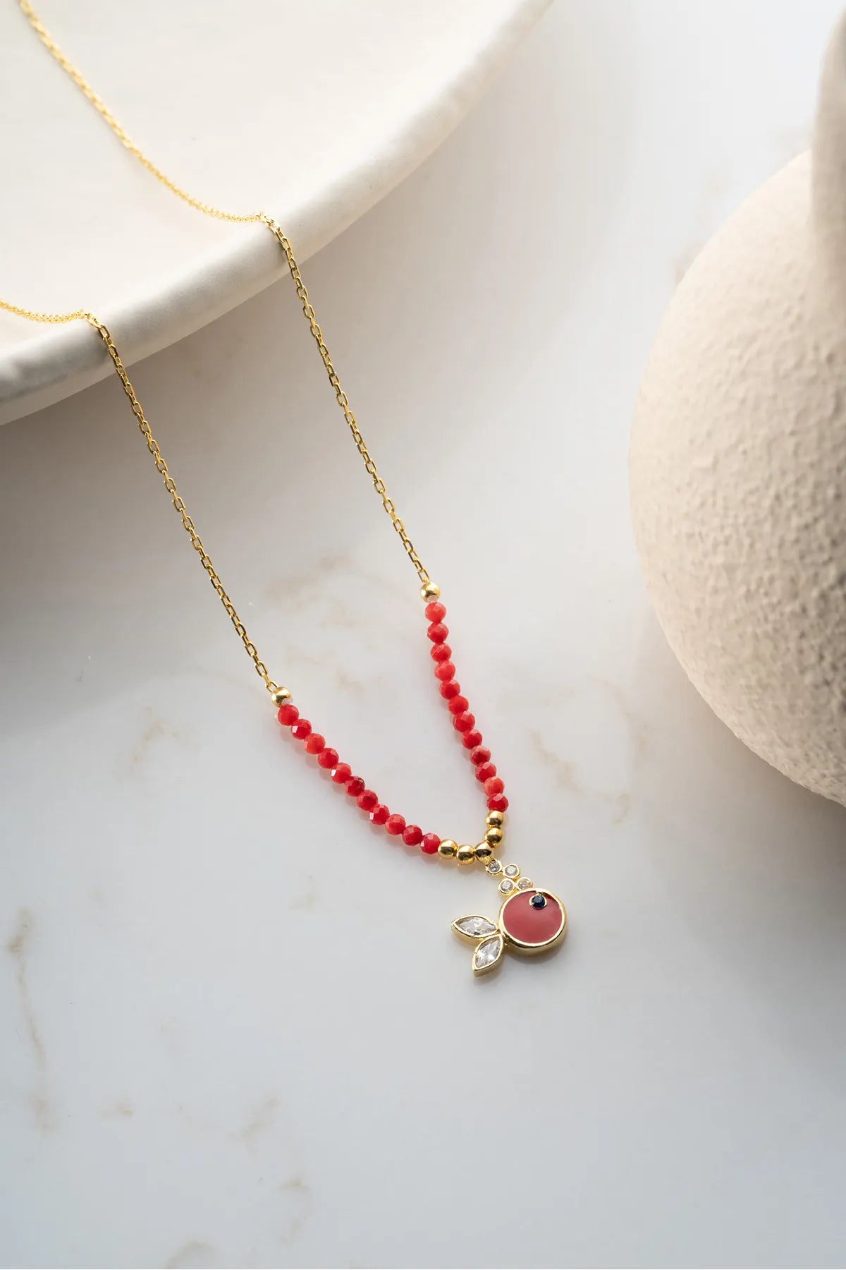 925 Sterling Zilveren Ketting met Rode Emaille Vis en Kralen