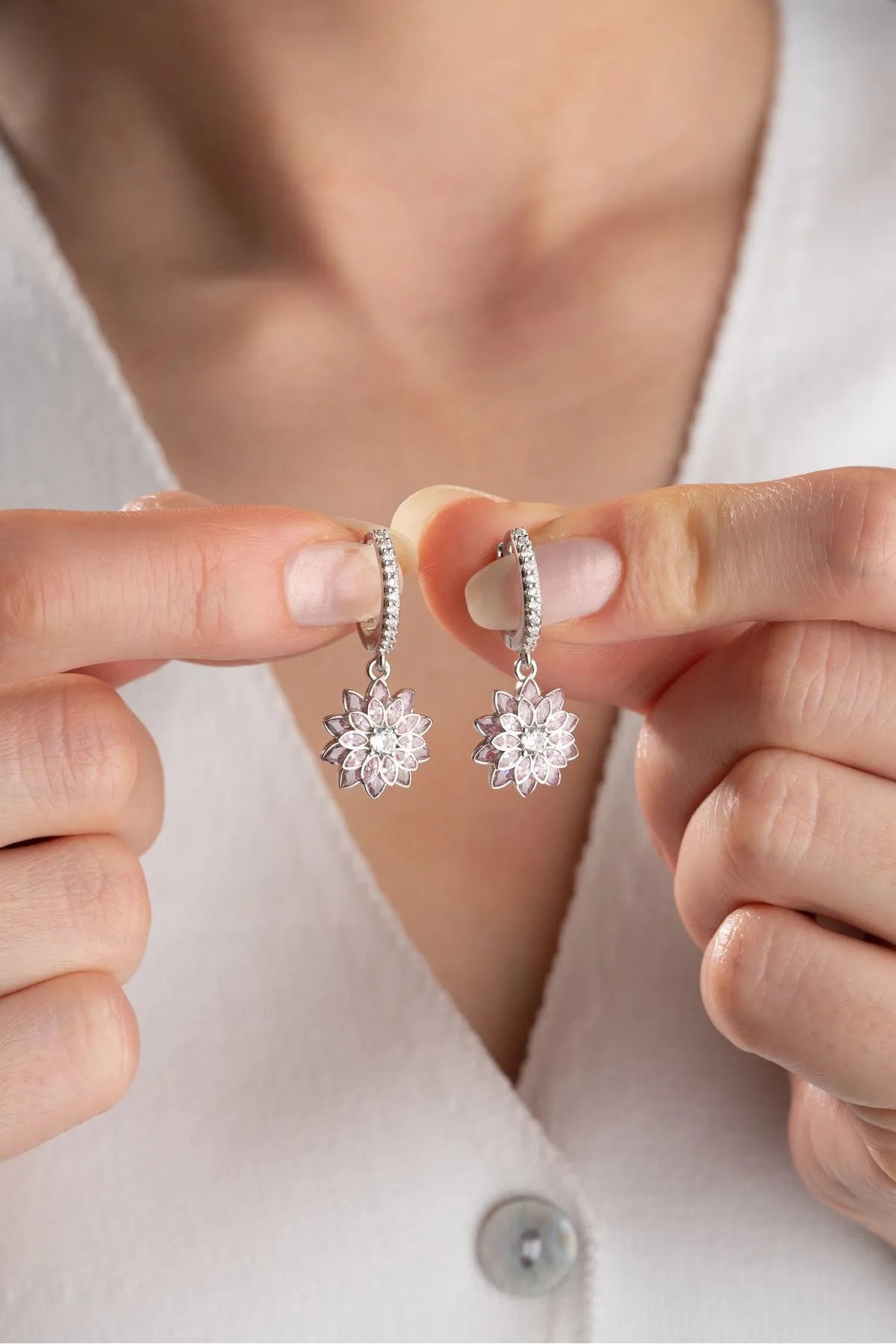 925 Sterling Silver Lotus earrings with pink stones