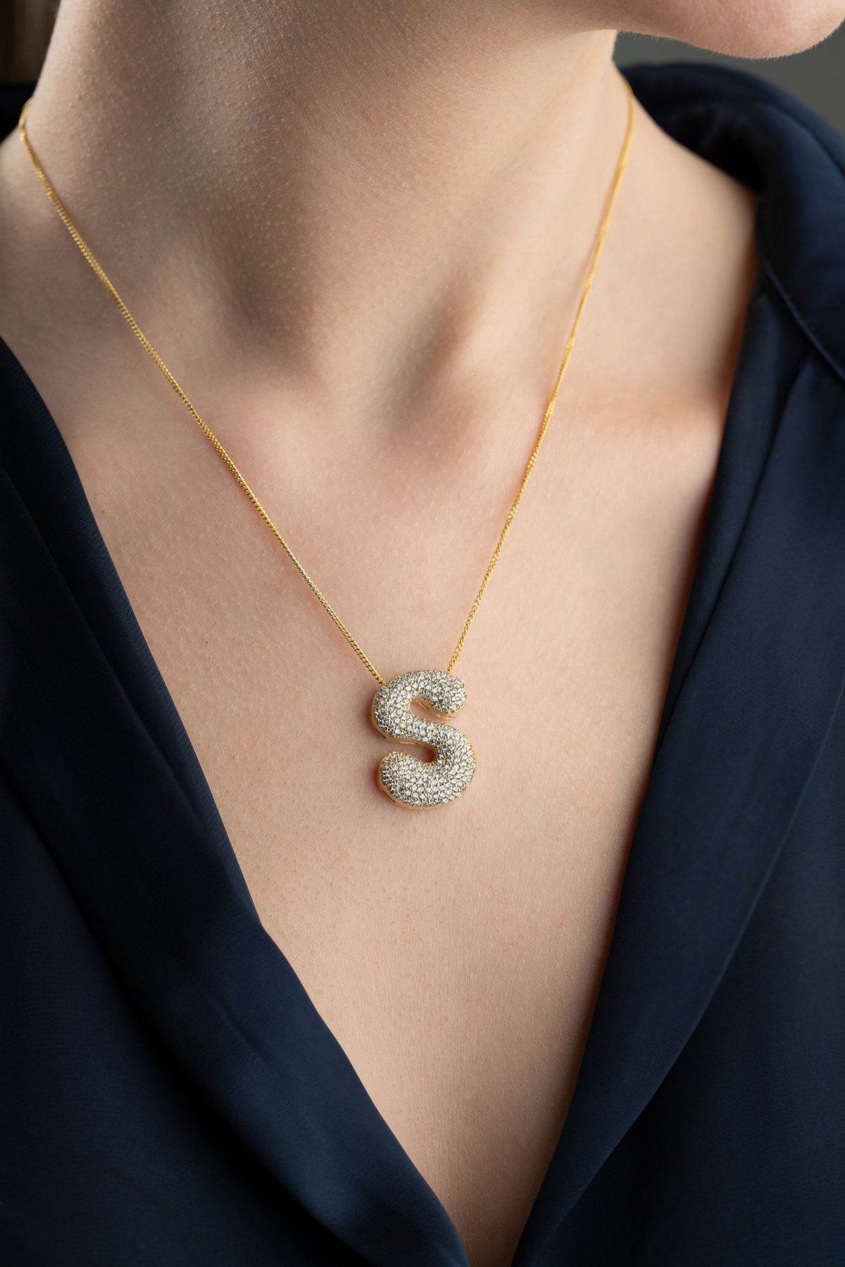Balloon Letter Necklace - 925 Silver - With Zirconia Stones