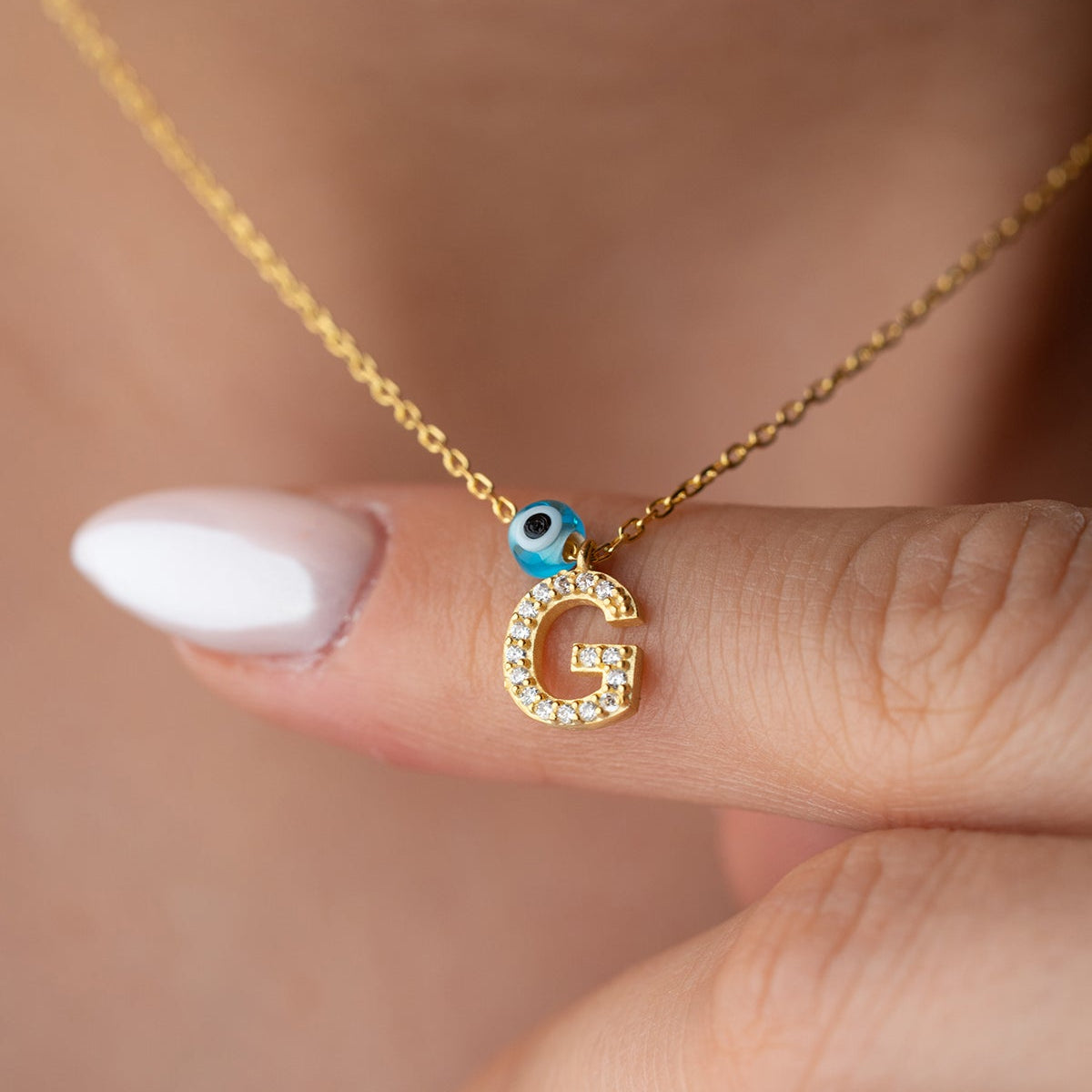 Evil Eye Initial Letter Silver Necklace