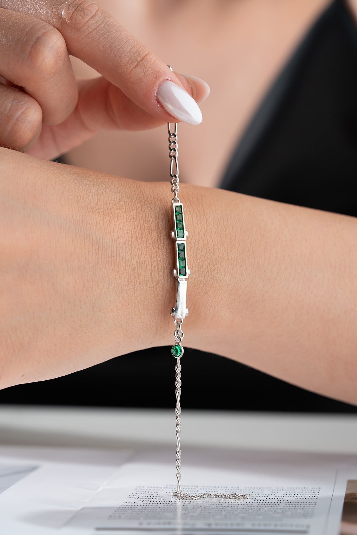 Silver Bracelet with Green Stones and Delicate Chain Design