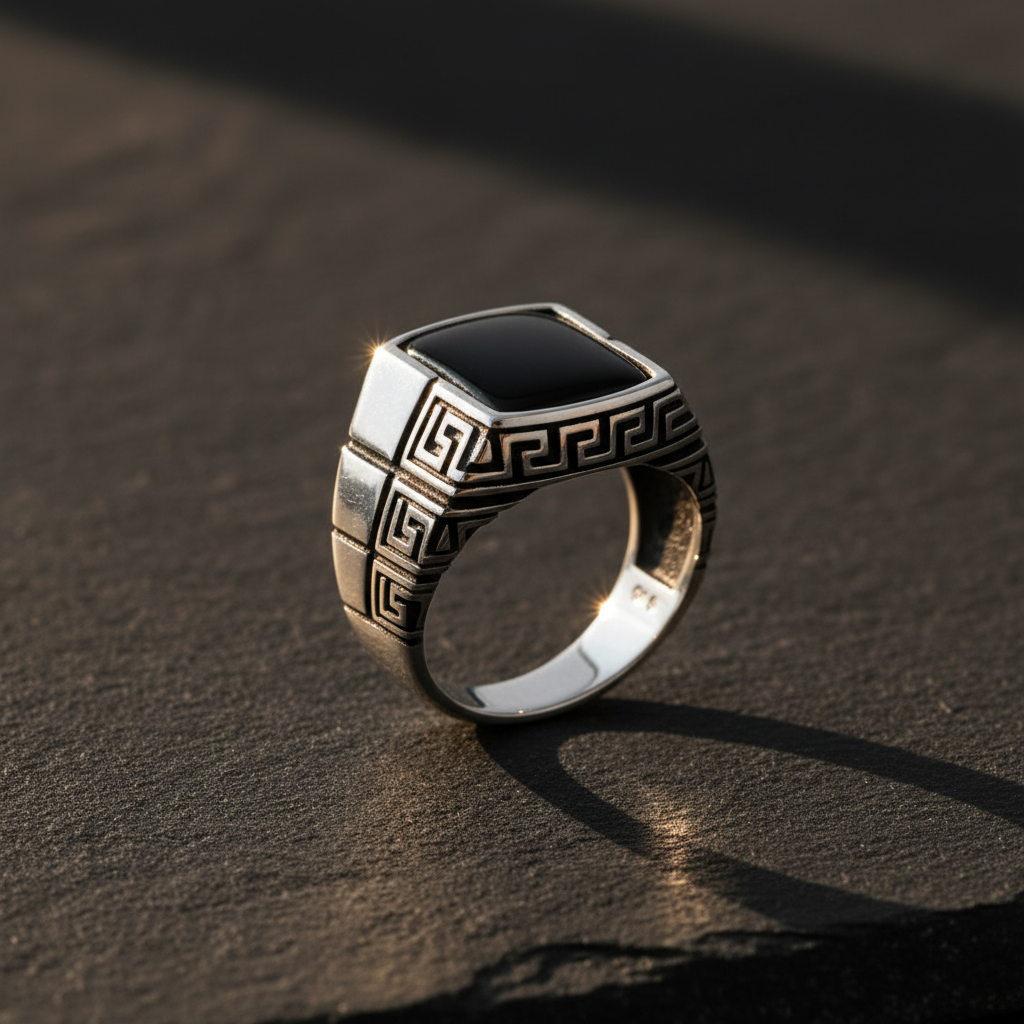 Silver Men's Ring With Onyx