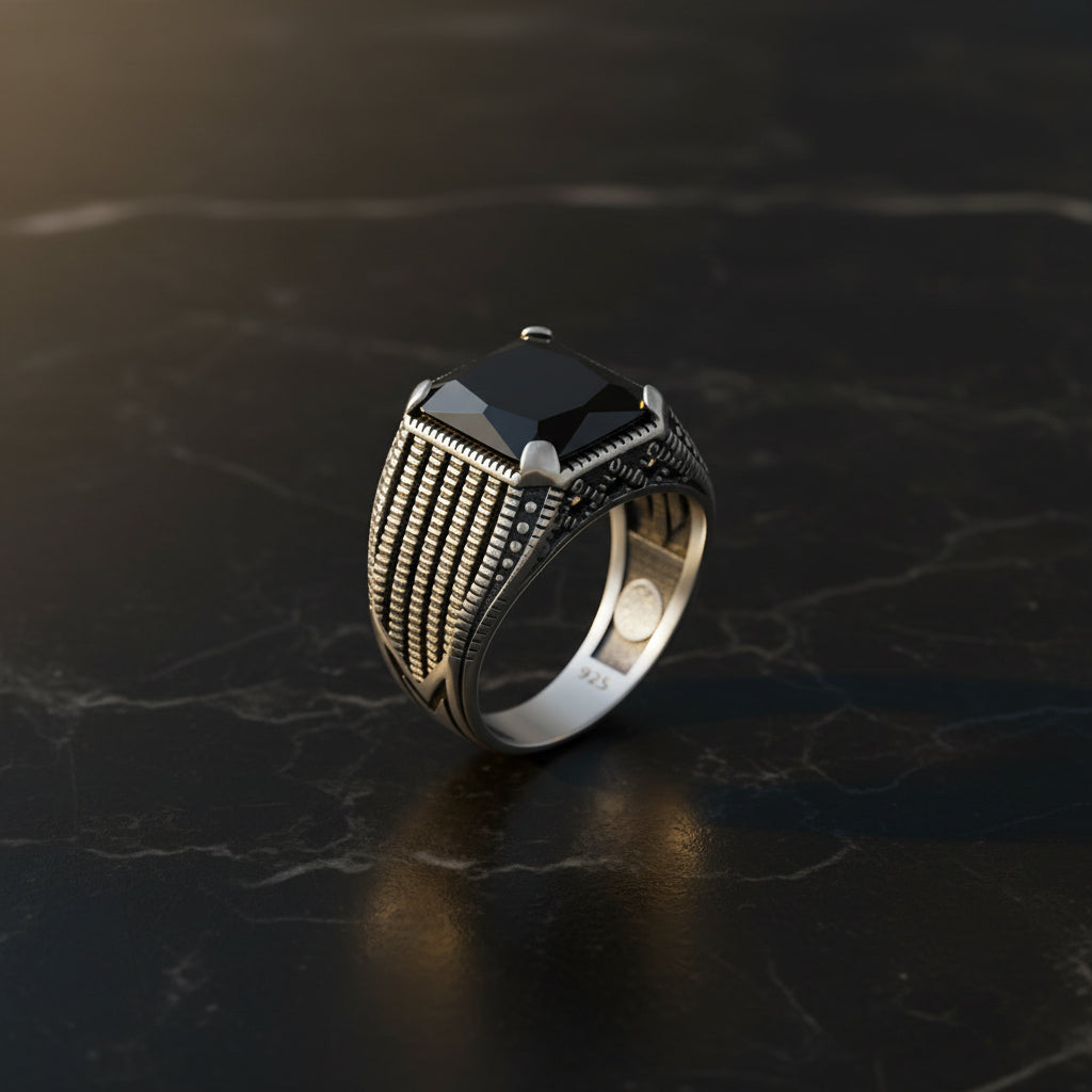 Silver men's ring with black stone