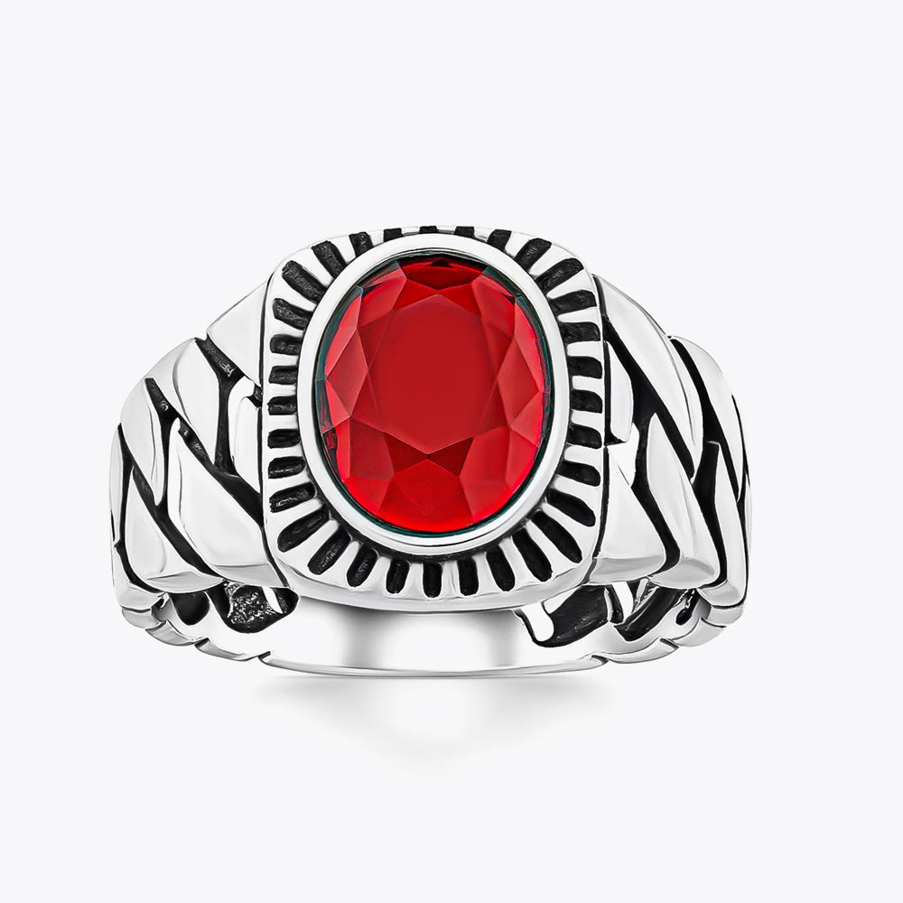 Silver Men's Signet Ring With Red Stone DZT015
