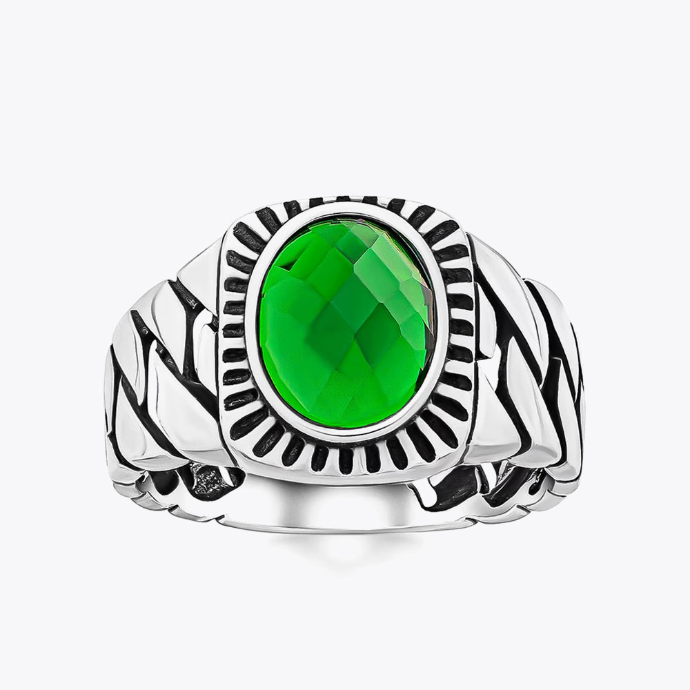 Silver Men's Signet Ring With Green Stone