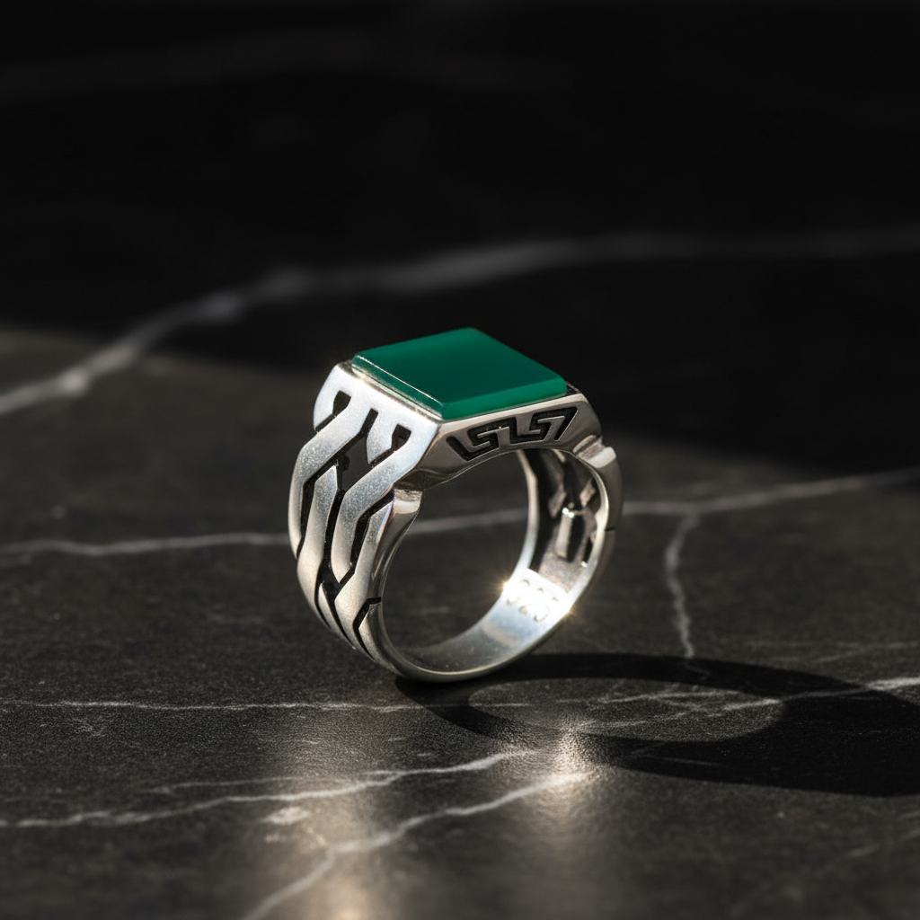 925 Silver Mens Ring With Green Agate Stone LMR262