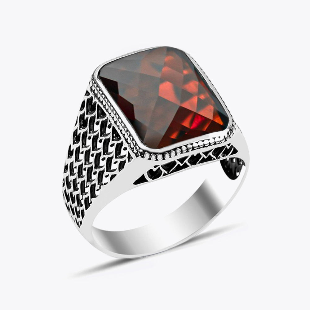 925 Silver Men's Ring With Red Stone LMR296