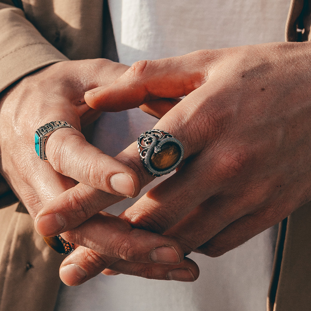Snake ring - 925 sterling silver with tiger eye