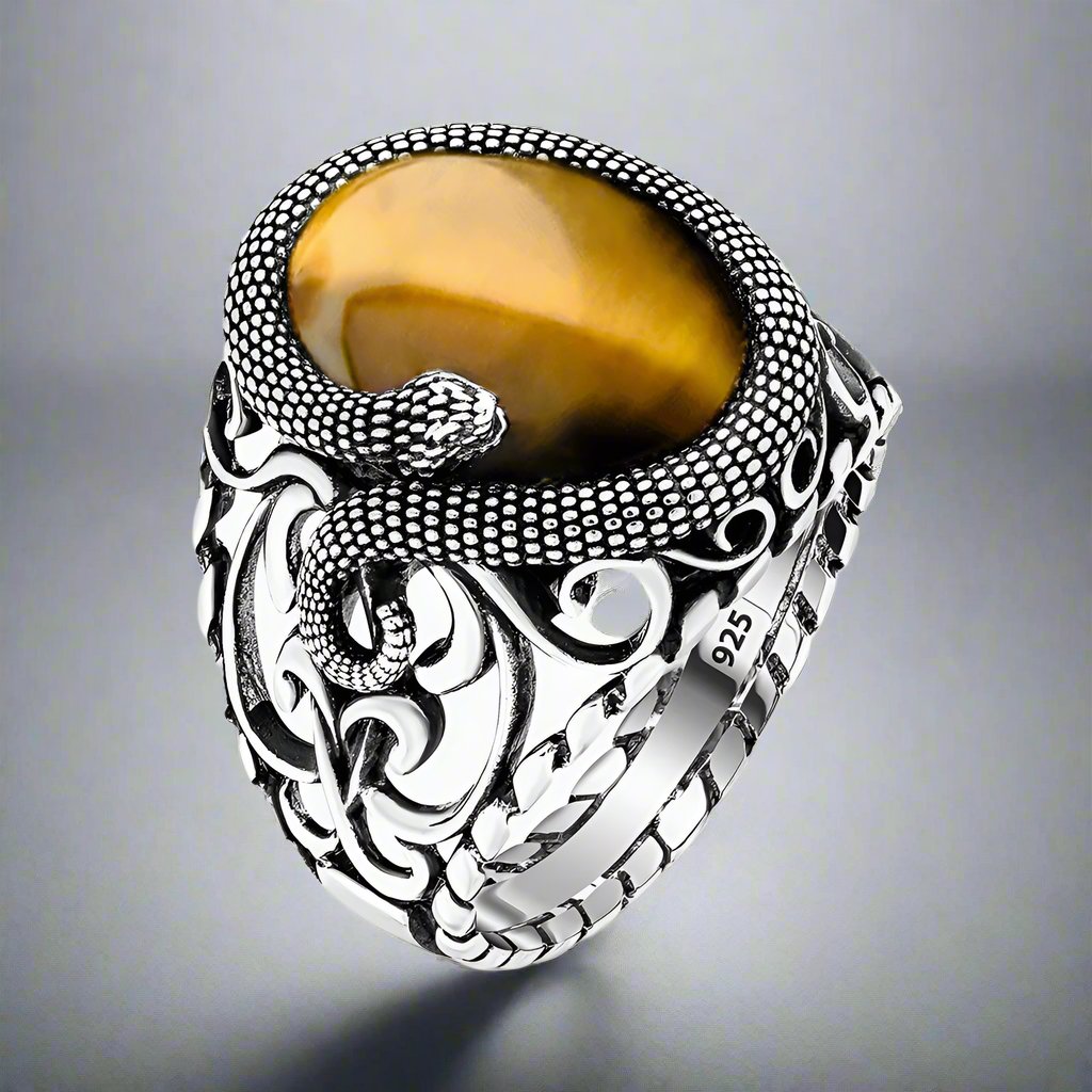 Snake ring - 925 sterling silver with tiger eye