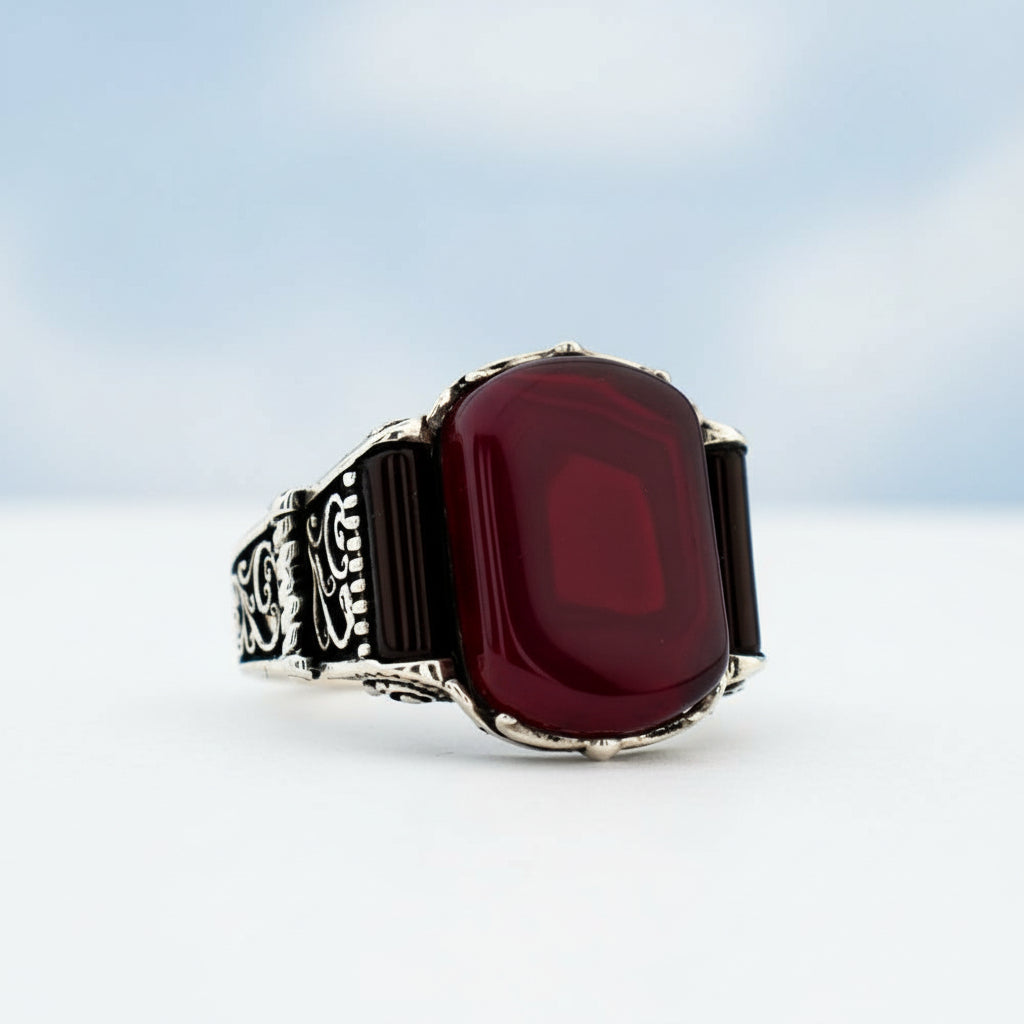 925 Silver Mens Ring With Red Agate Stone ORTBL170