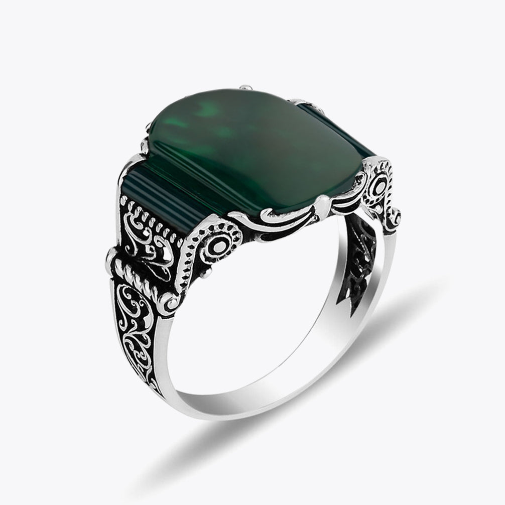 925 Silver Men's Ring With Green Agate Stone ORTBL175