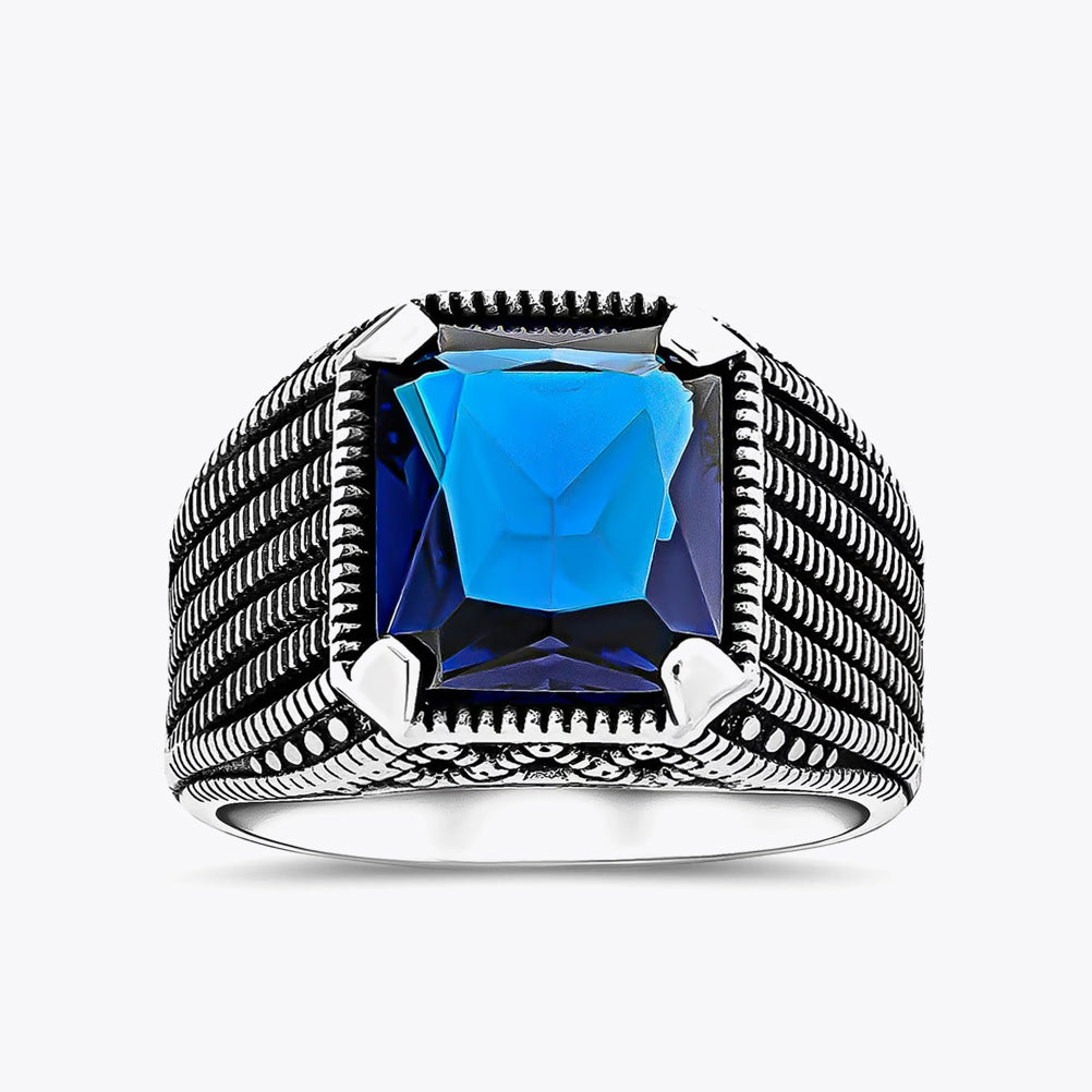 Silver men's ring with blue stone