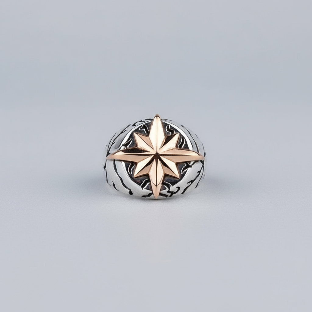 Men's ring with compass star of 925 sterling silver