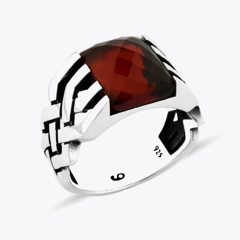 Red Stone Signet Ring for Men in Silver