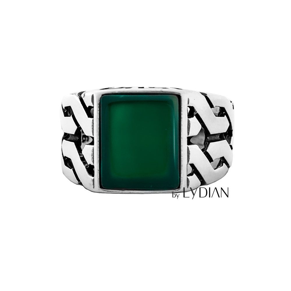925 Silver Mens Ring With Green Agate Stone LMR262