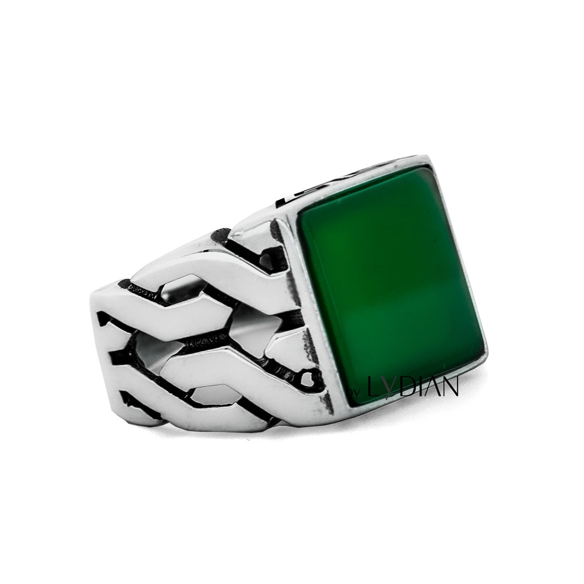 925 Silver Mens Ring With Green Agate Stone LMR262