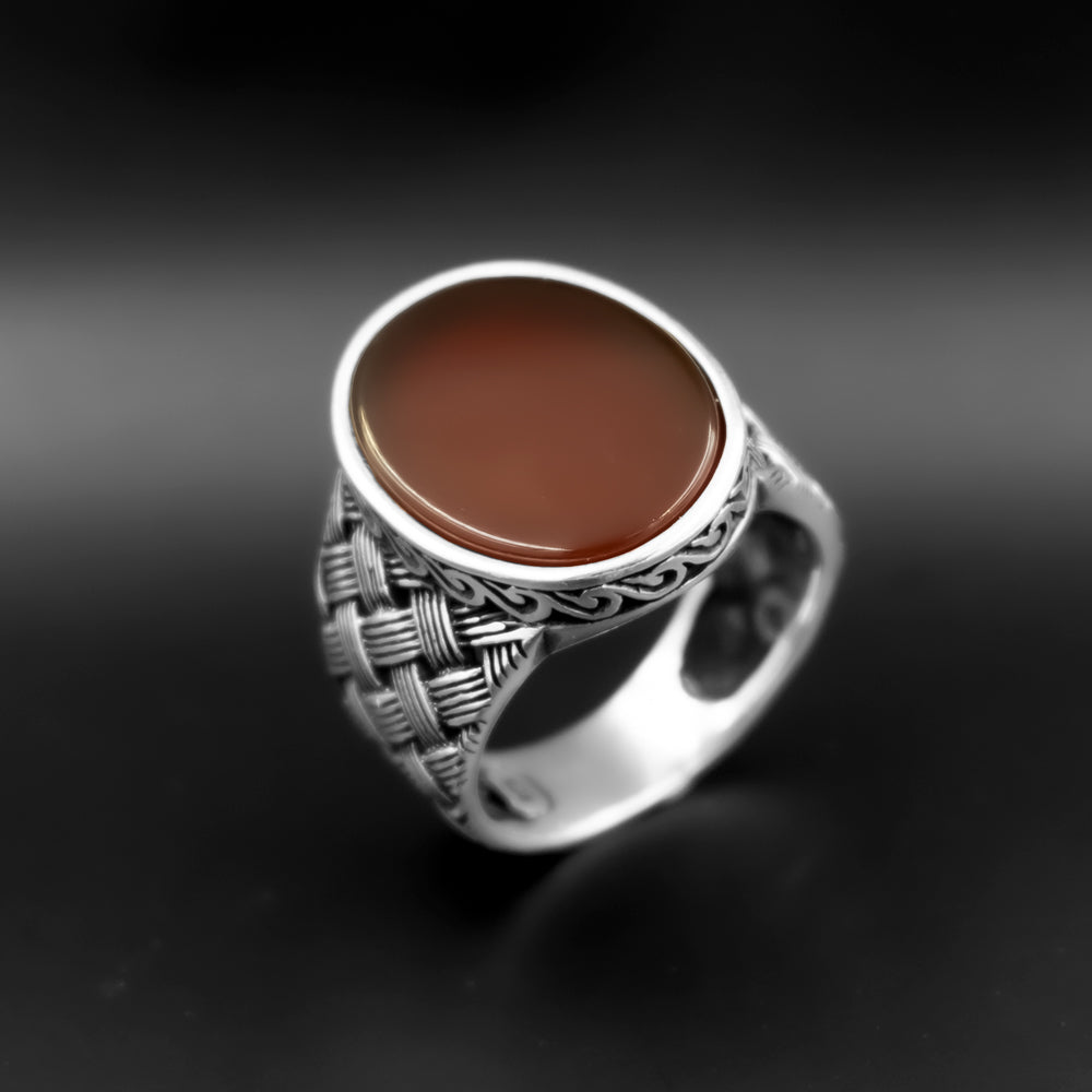 925 Silver Mens Ring With Red Agate Stone ORTBL115