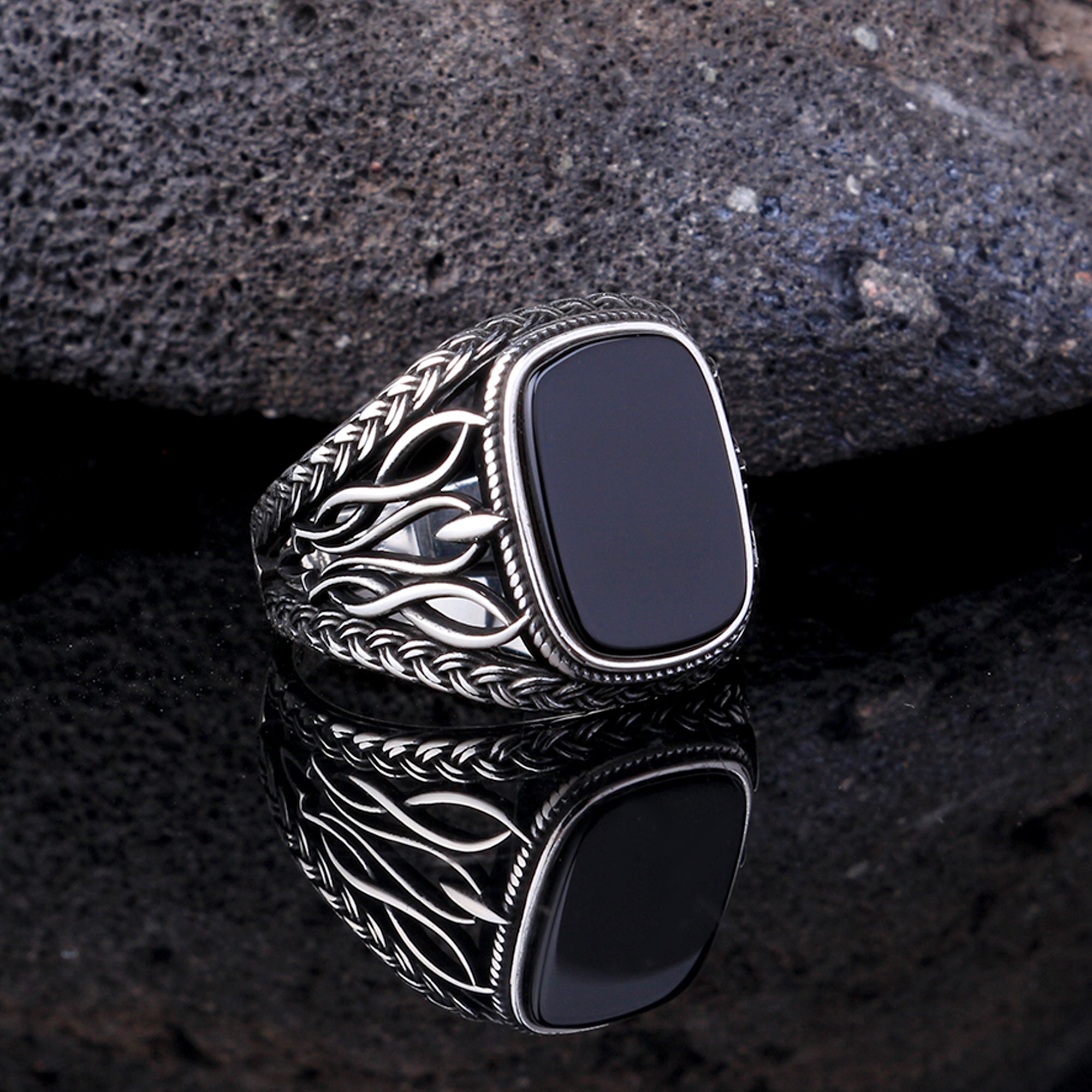 Black stone store silver ring