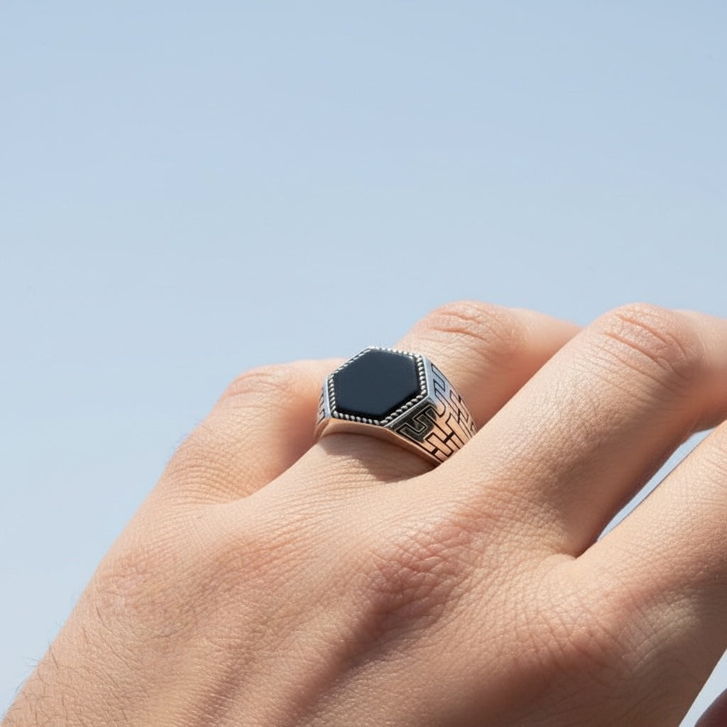 Silver Men's Ring With Onyx