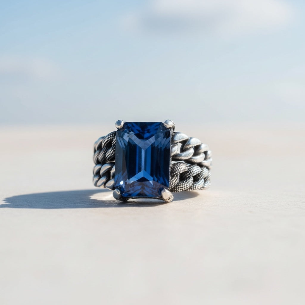 Silver men's ring with blue stone