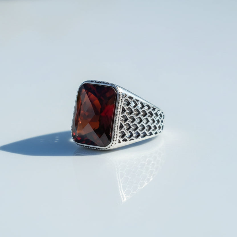 925 Silver Men's Ring With Red Stone LMR296