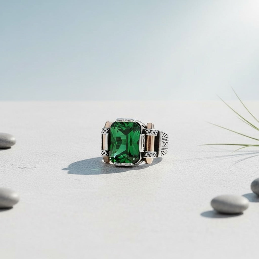 Men's ring with green Zirconia - 925 sterling silver
