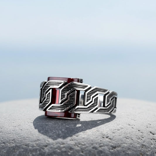 925 Silver Men's Ring With Red Stone