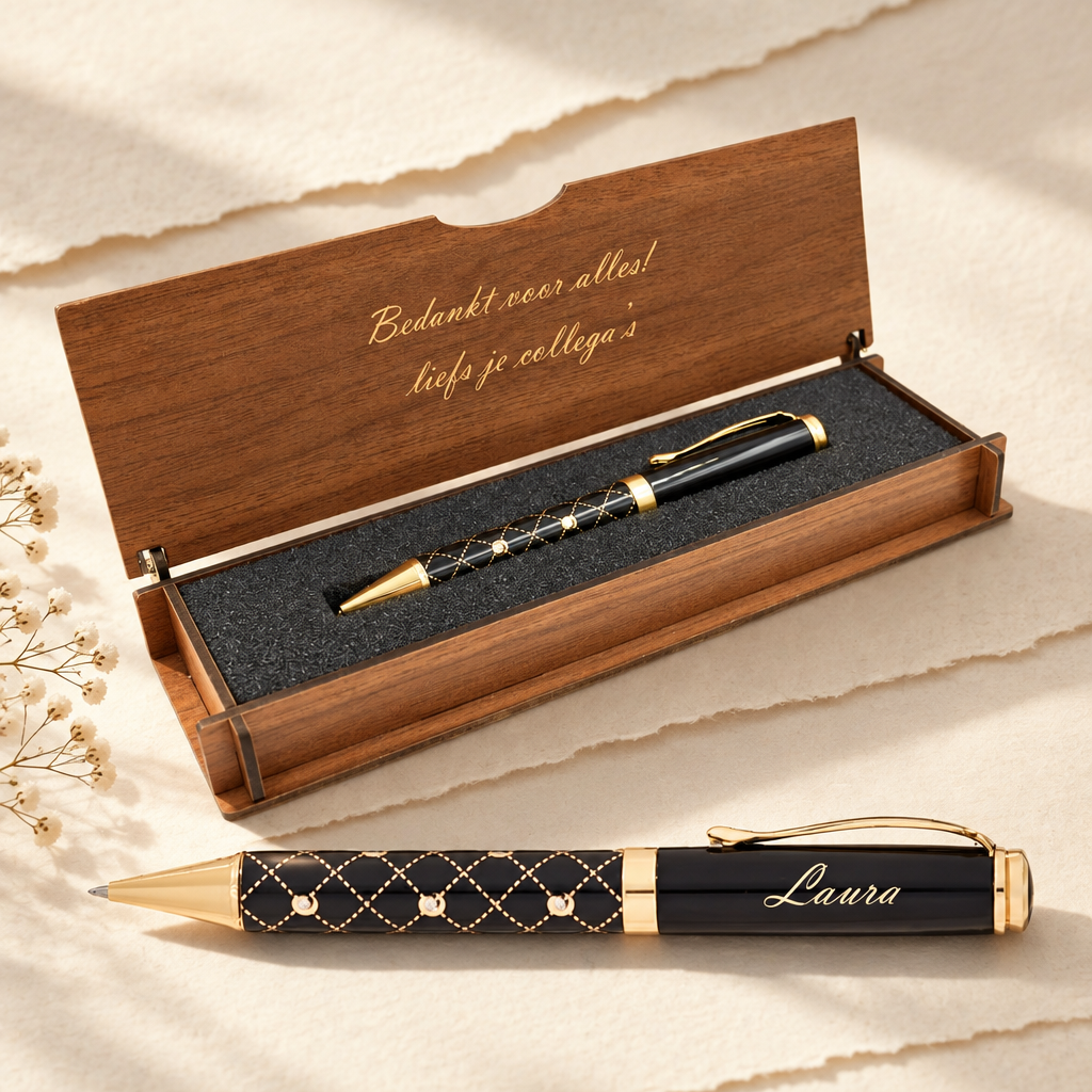 Zwart-gouden gepersonaliseerde pen met naam en gegraveerde houten geschenkdoos.