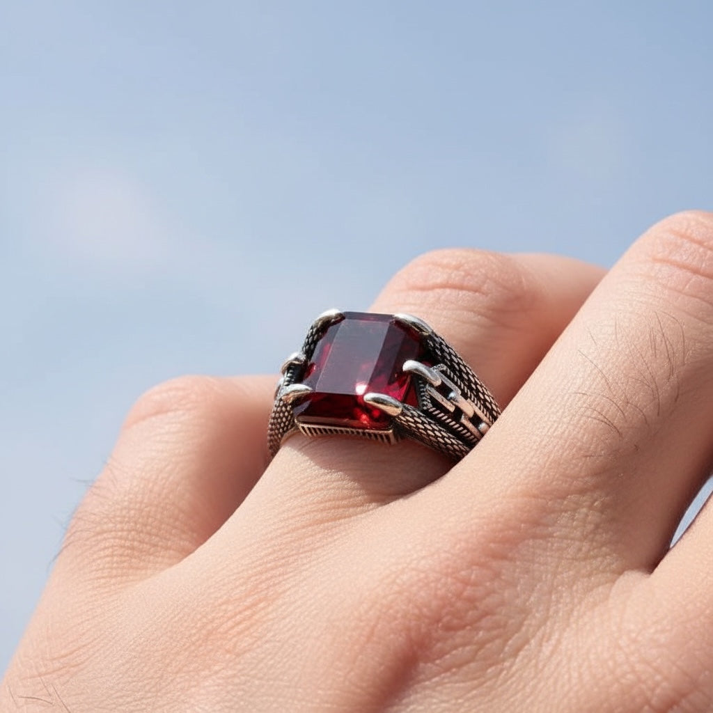 925 Silver Men's Ring With Red Stone