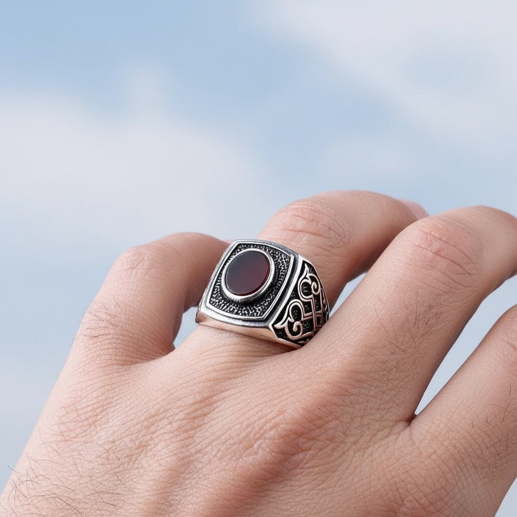 Silver men's ring with agate stone