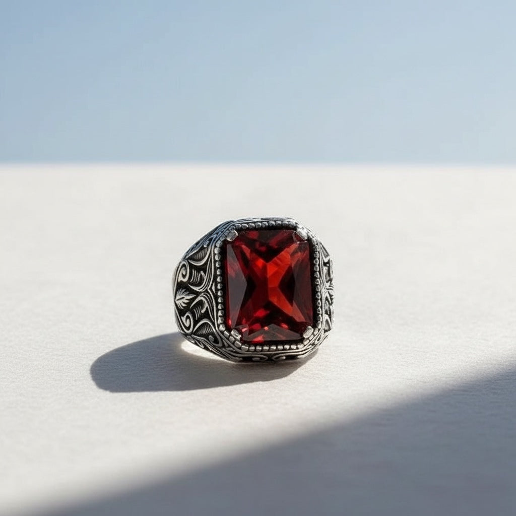 925 Silver Men's Ring With Red Stone