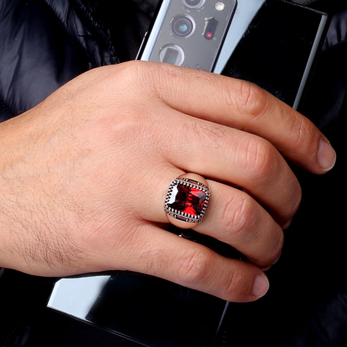 925 Silver Men's Ring With Red Stone