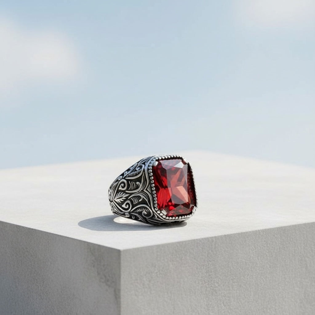 925 Silver Men's Ring With Red Stone