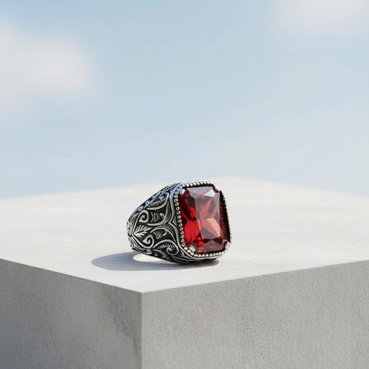 925 Silver Men's Ring With Red Stone