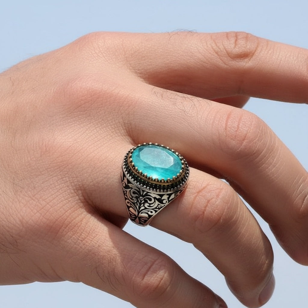 Men's ring with paraiba stone - 925 sterling silver