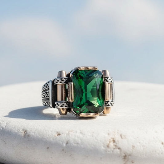 Men's ring with green Zirconia - 925 sterling silver
